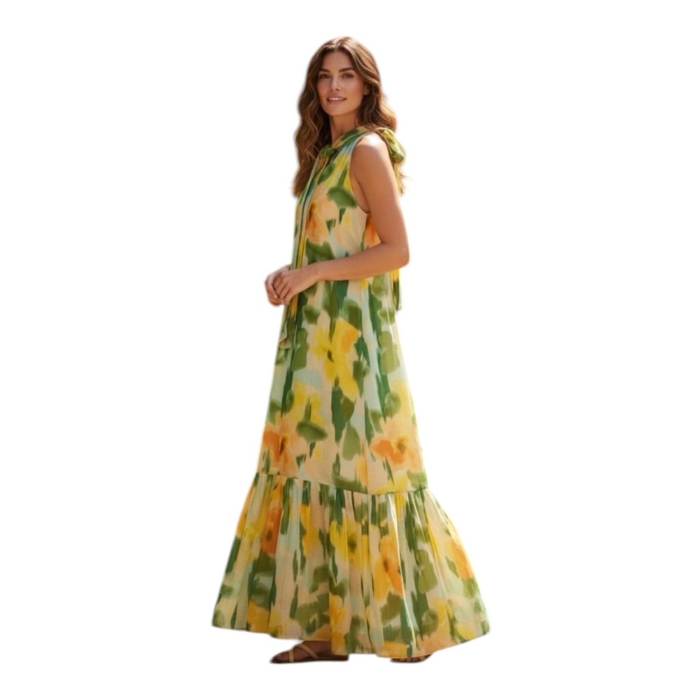 1 State floral print halter neck maxi dress colorful watercolor green yellow S